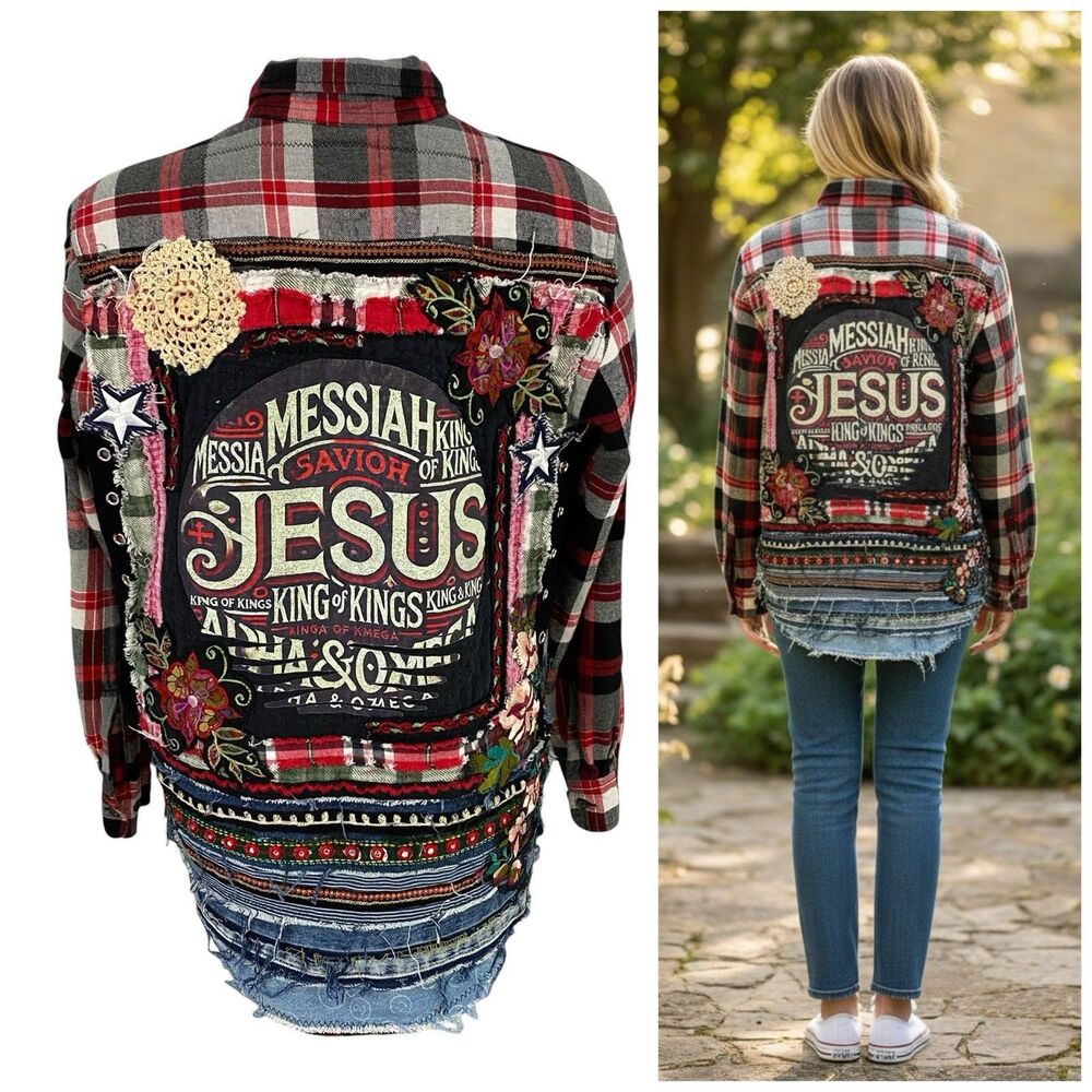Upcycled Flannel Jacket Shacket Womens L Christian Embroidered Festival OOAK Red